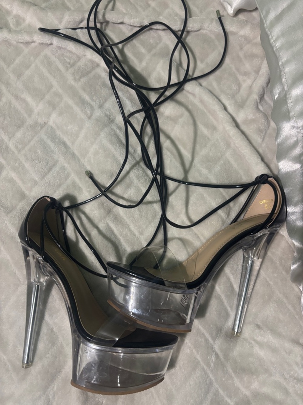 Miss Lola Clear Platform Heels with Black Lace-Up Trim